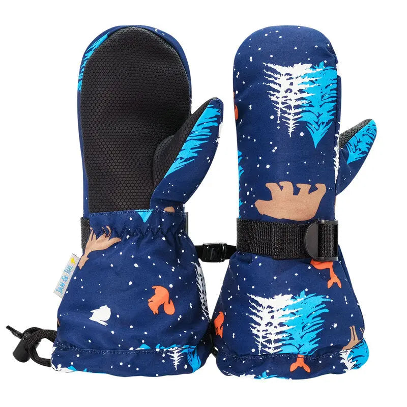Jan & Jul Kids Waterproof Toasty Dry Mitten Woodland mittens, navy blue woodland print with adjustable strap, pair.