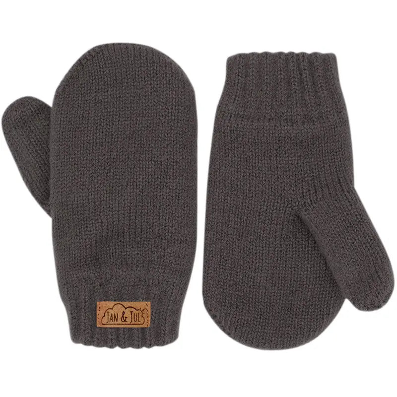 JAN & JUL Knit Mitten Dark Grey baby pair laid flat with cuffs, leather logo tag.