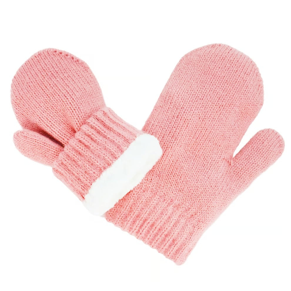 JAN & JUL Knit Mitten Dusty Pink with white faux-fur cuff, a set of 2 toddler gloves displayed.