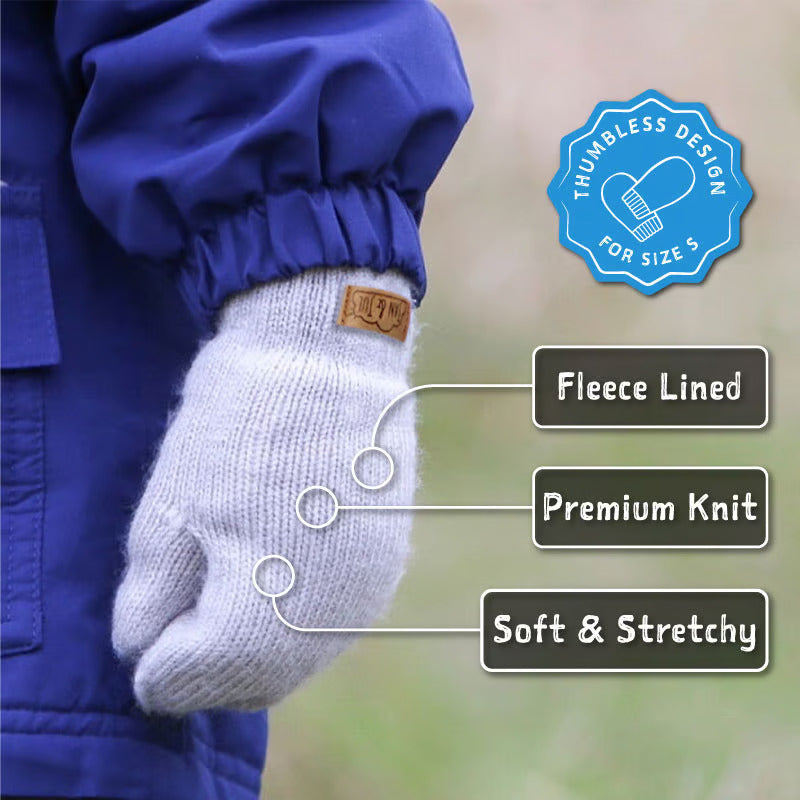 JAN & JUL Knit Mitten Dusty Pink on a child’s gloved hand; fleece-lined, soft premium knit.