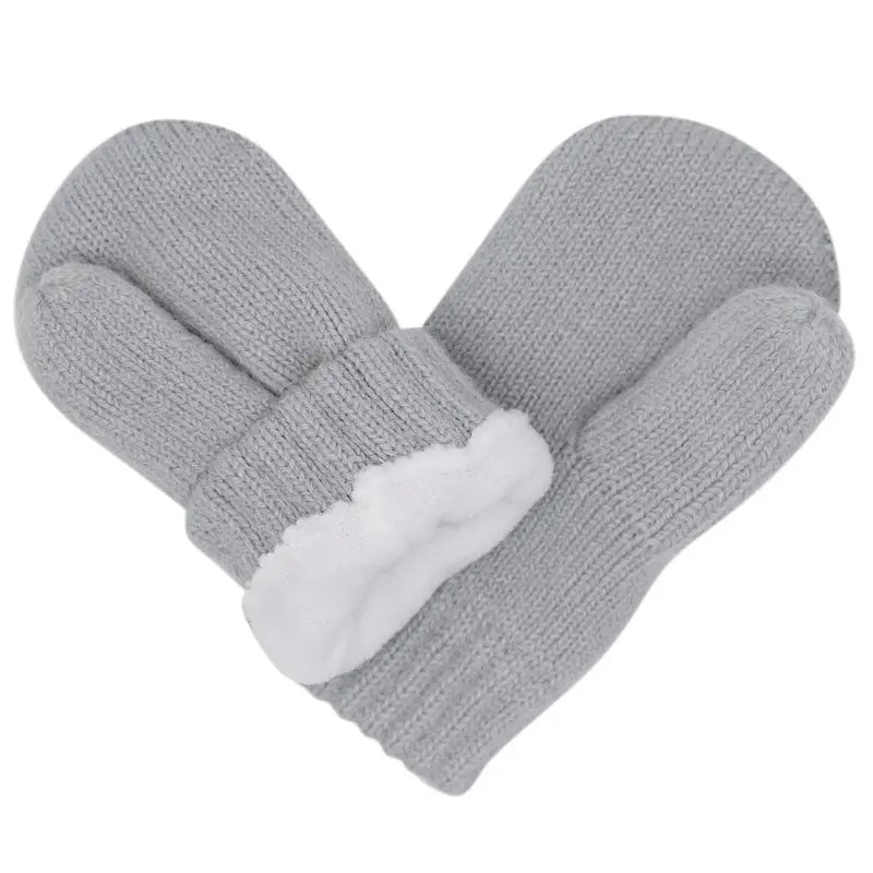 Jan & Jul Knit Mitten Grey for babies; soft knit with white fleece cuffs, shown as a matched pair.