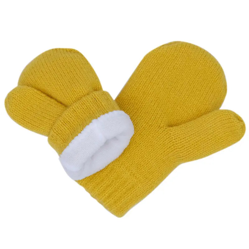 JAN & JUL Knit Mitten Mustard pair with white fleece cuffs laid flat for baby hands