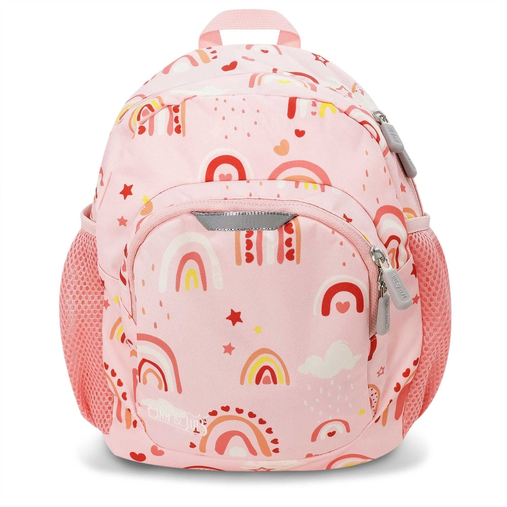 JAN & JUL Mini Backpack in pink rainbow print; front zip pocket open and pink mesh side pockets visible.