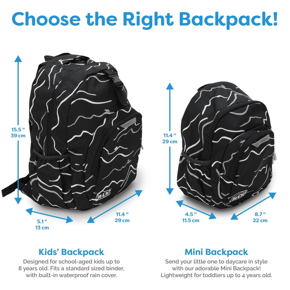 Jan & Jul Kids Mini Backpacks in black with white wave pattern; two sizes shown side by side with height arrows.