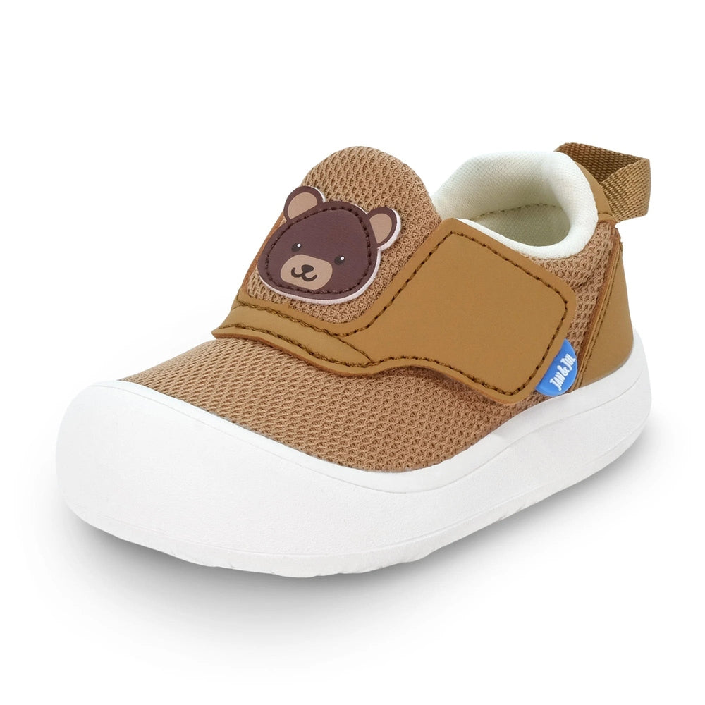 Jan & Jul Mini-Flyer Toddler Sneakers Brown Bear with tan strap securing over a breathable mesh upper and white sole.