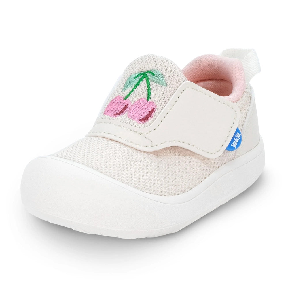 Jan & Jul Mini-Flyer Toddler Sneakers Cherries in pale pink mesh, white sole, velcro strap, cherry embroidery