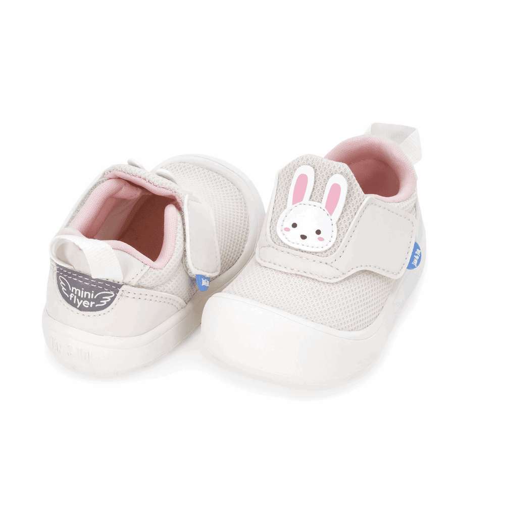 Jan & Jul Mini-Flyer toddler sneakers in cream with pink lining and bunny patch, pair of 2