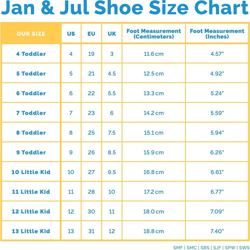 JAN & JUL Mini-Flyer Toddler Sneakers Lightning Bolt size chart with US/EU/UK sizes and foot measurements.