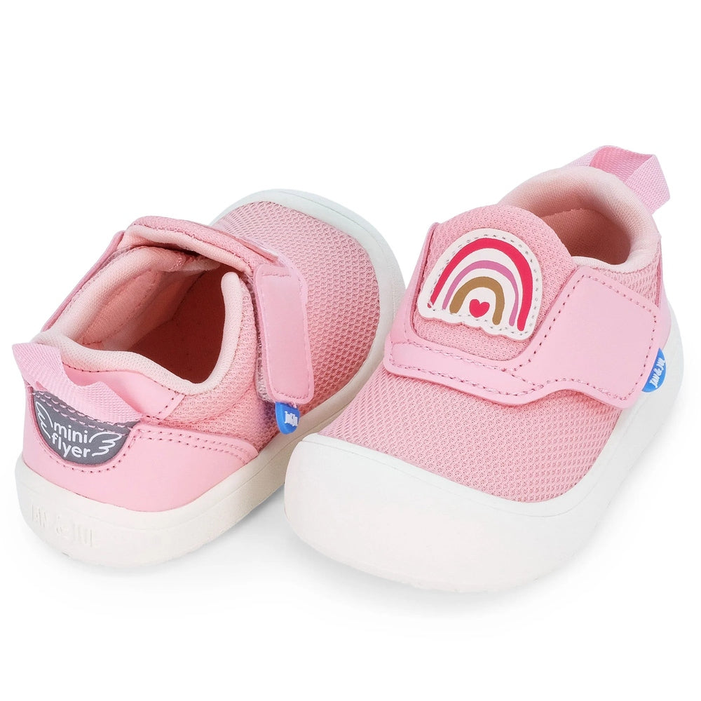 Jan & Jul Mini-Flyer Toddler Sneakers Pink Rainbow with Velcro strap and white sole, rainbow patch visible on top.