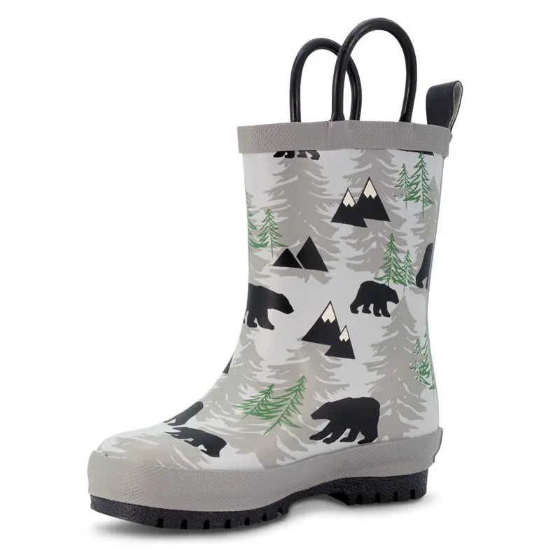 Jan & Jul Puddle Dry Rain Boots Bear, gray bear-and-mountain print; toddler waterproof boots with grippy sole and pull tabs.
