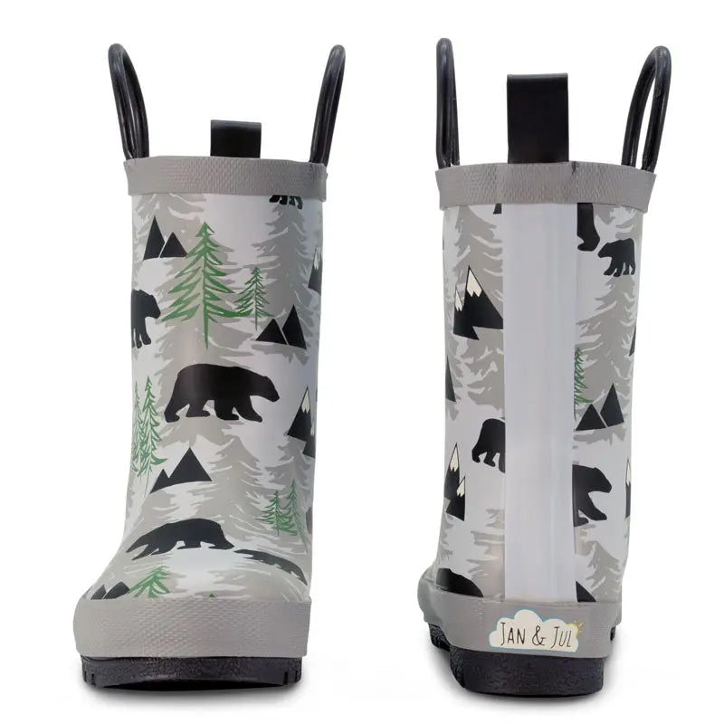 Jan & Jul Puddle Dry Rain Boots Bear toddlers, grey bear print, two boots shown with pull tabs and textured soles.
