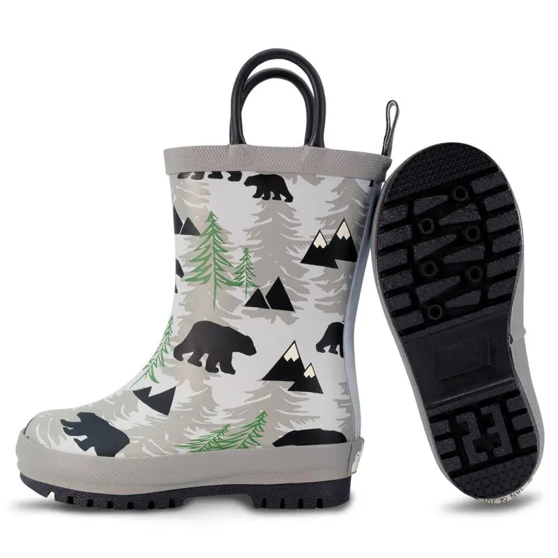 Jan & Jul Puddle-Dry Bear toddler rain boots in gray trim, showing pull-on handles and rugged tread.