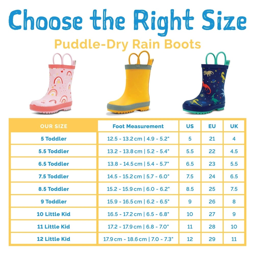 Jan & Jul Puddle Dry Rain Boots Bear — trio of toddler boots in pink rainbow, yellow, and blue dinosaur prints.