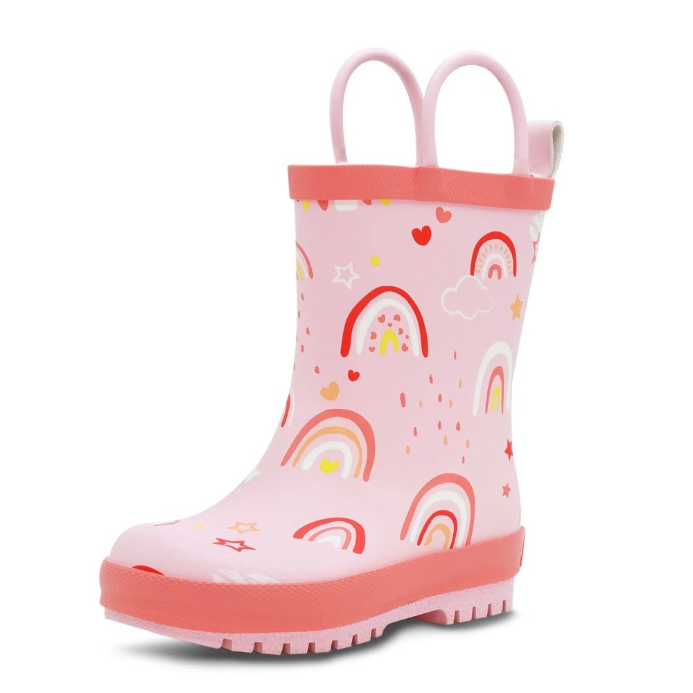 JAN & JUL Puddle-Dry Rain Boots Pink Rainbow with dual handles for easy pull-on during rainy days