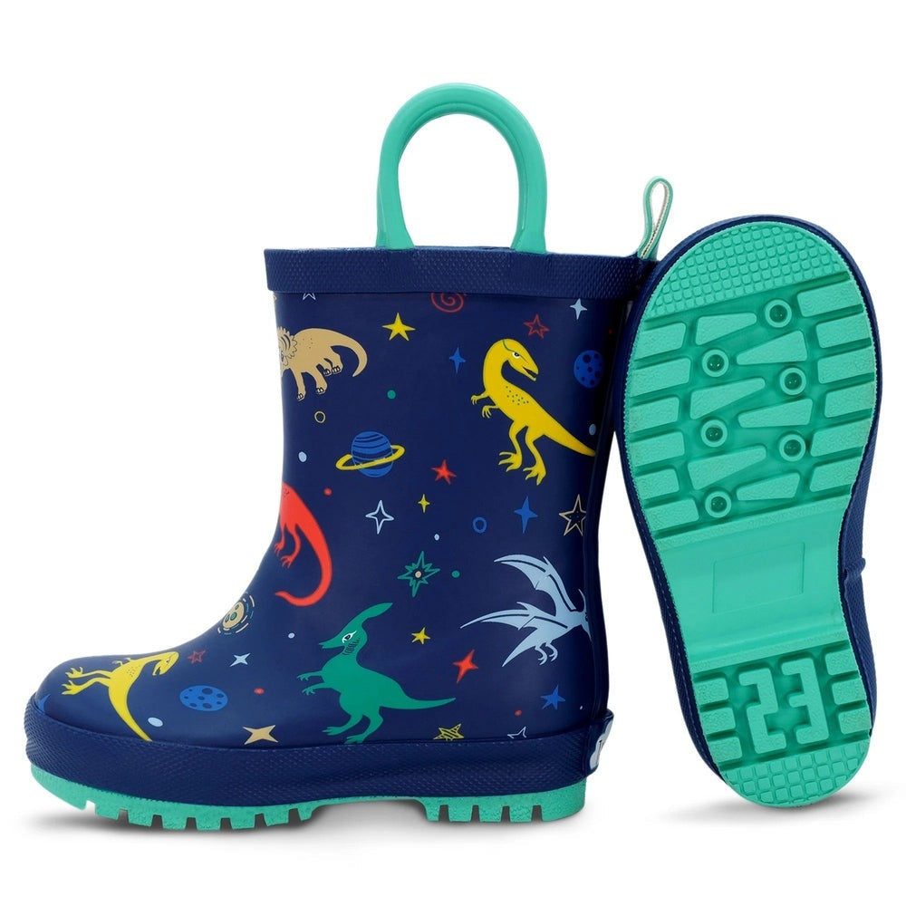 Jan & Jul Puddle Dry Rain Boots Space Dinos in navy with teal handles and turquoise outsole, showing grippy tread.