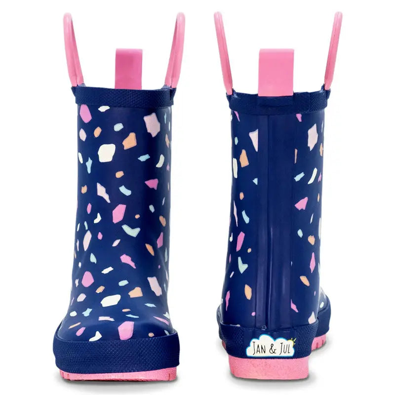Jan & Jul Puddle Dry Rain Boots Terrazzo: blue terrazzo-pattern toddler boots with pink pull tabs and pink soles.