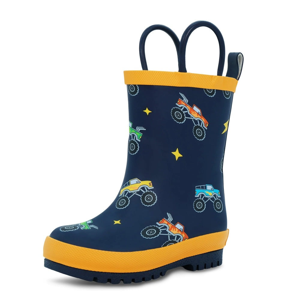 Jan & Jul Puddle Dry Rain Boots navy with yellow trim, monster truck print, dual handles