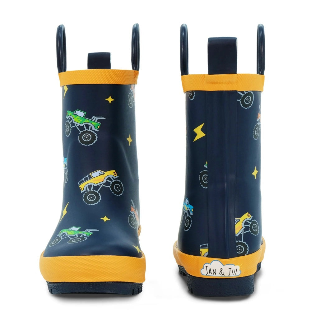 Jan & Jul puddle-dry toddler rain boots navy with orange trim, monster truck print, pair with handles