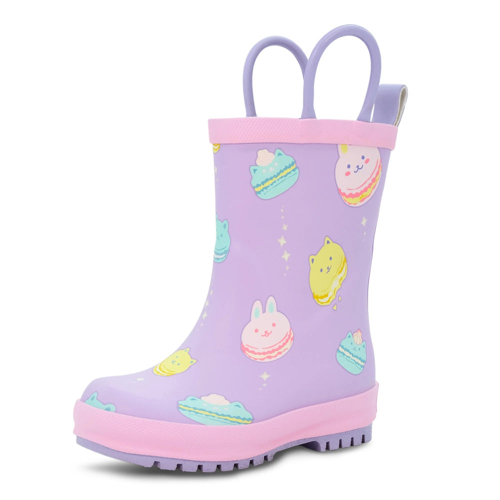 Jan & Jul Puddle Dry baby rain boots, lavender with pastel macarons, pink trim and handles.