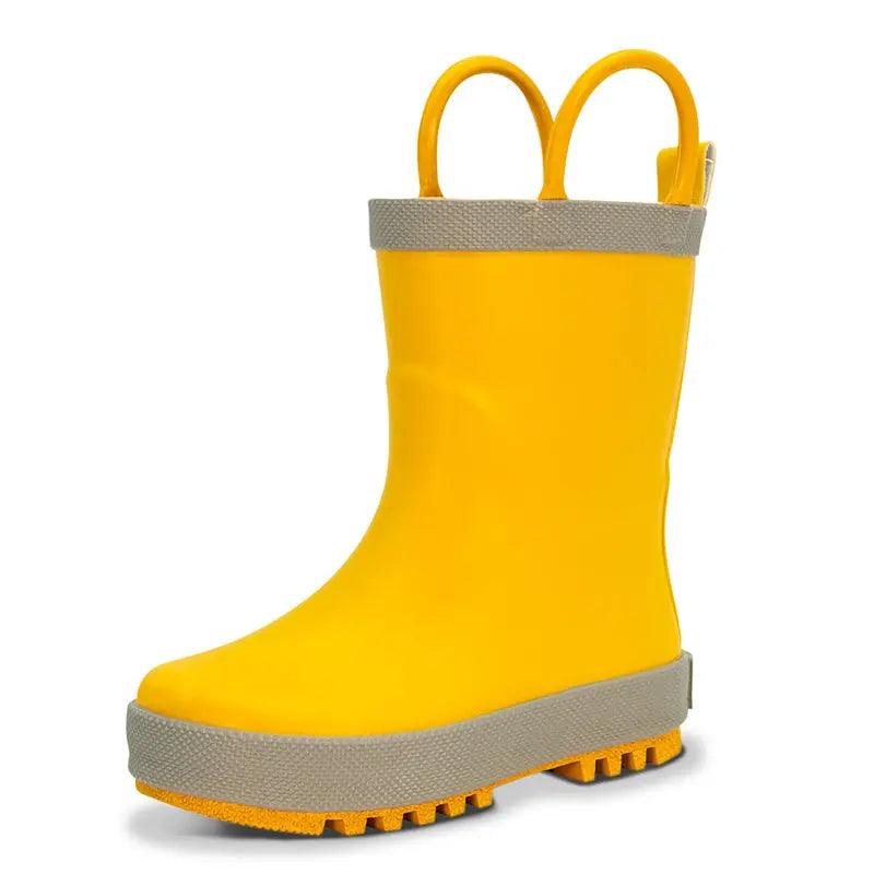 Jan & Jul puddle-dry rain boots for toddlers in bright yellow with gray sole and pull-on handles