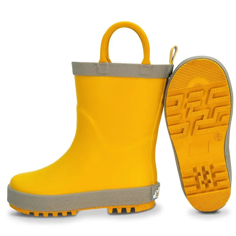 Jan & Jul Puddle Dry Rain Boots With Handle Yellow for toddlers; bright yellow rubber boots with grey trim, shown with the handle up.