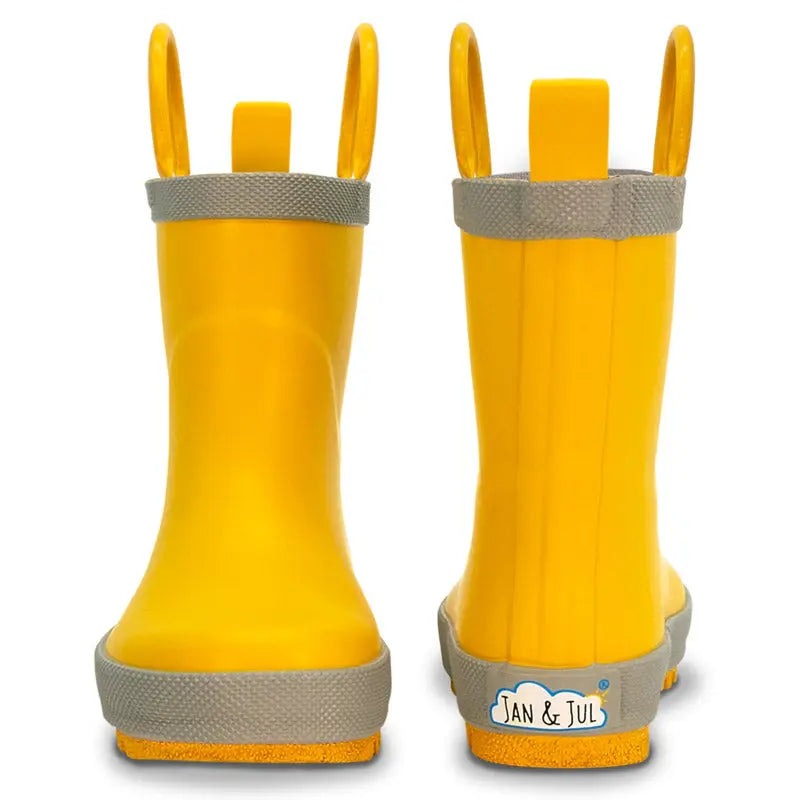 Jan & Jul Puddle Dry Rain Boots with Handles—yellow toddler boots with gray trim, two boots shown.