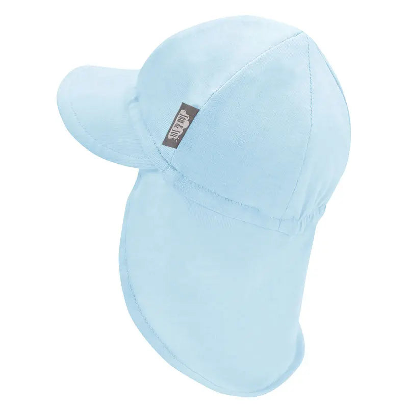 Jan & Jul Sun Soft Baby Cap in baby blue, side view shows wide brim and soft fabric for sun protection.