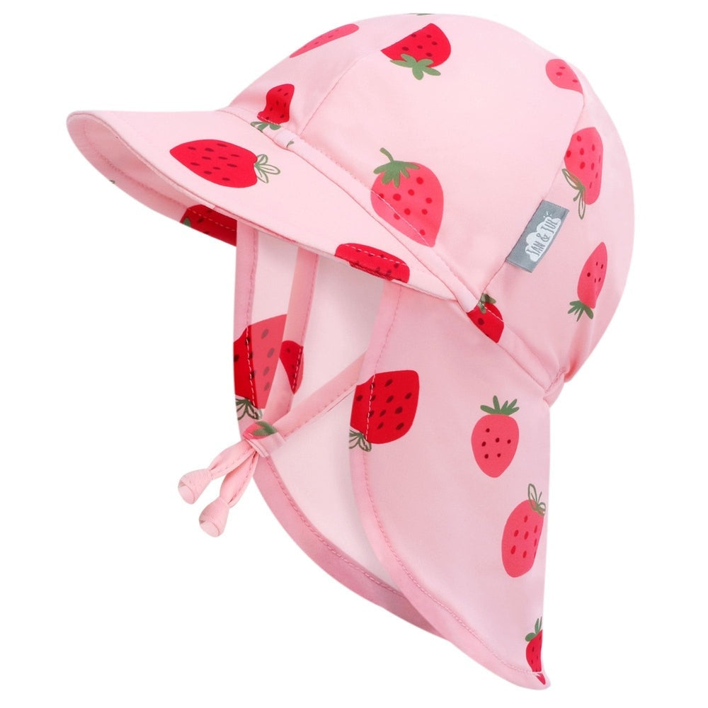 Jan & Jul Sun Soft UV Baby Cap pink strawberry print with brim and chin ties.