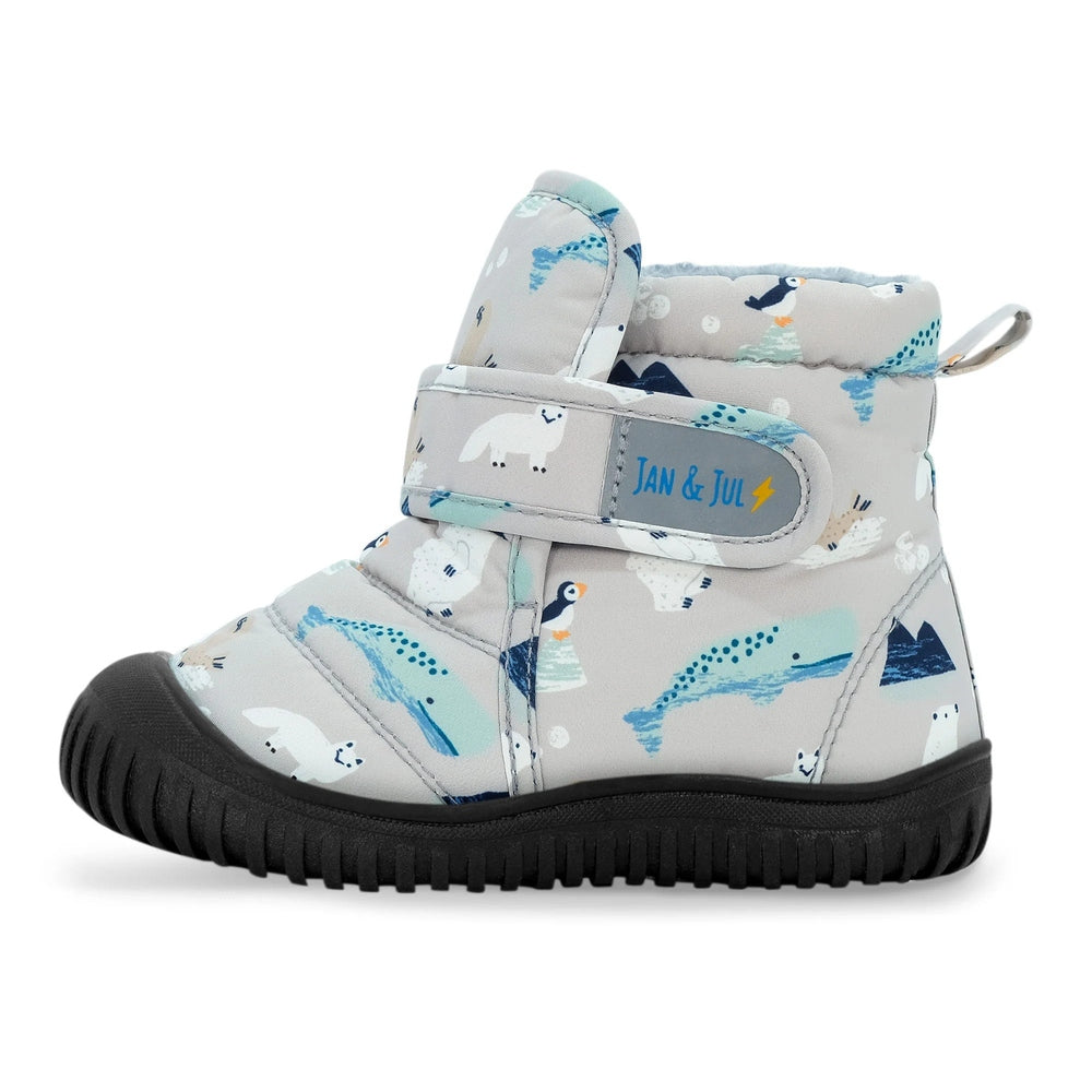 Jan & Jul Toasty Dry Booties Polar Pals, light gray Arctic-print baby shoes with a blue Velcro strap and black sole
