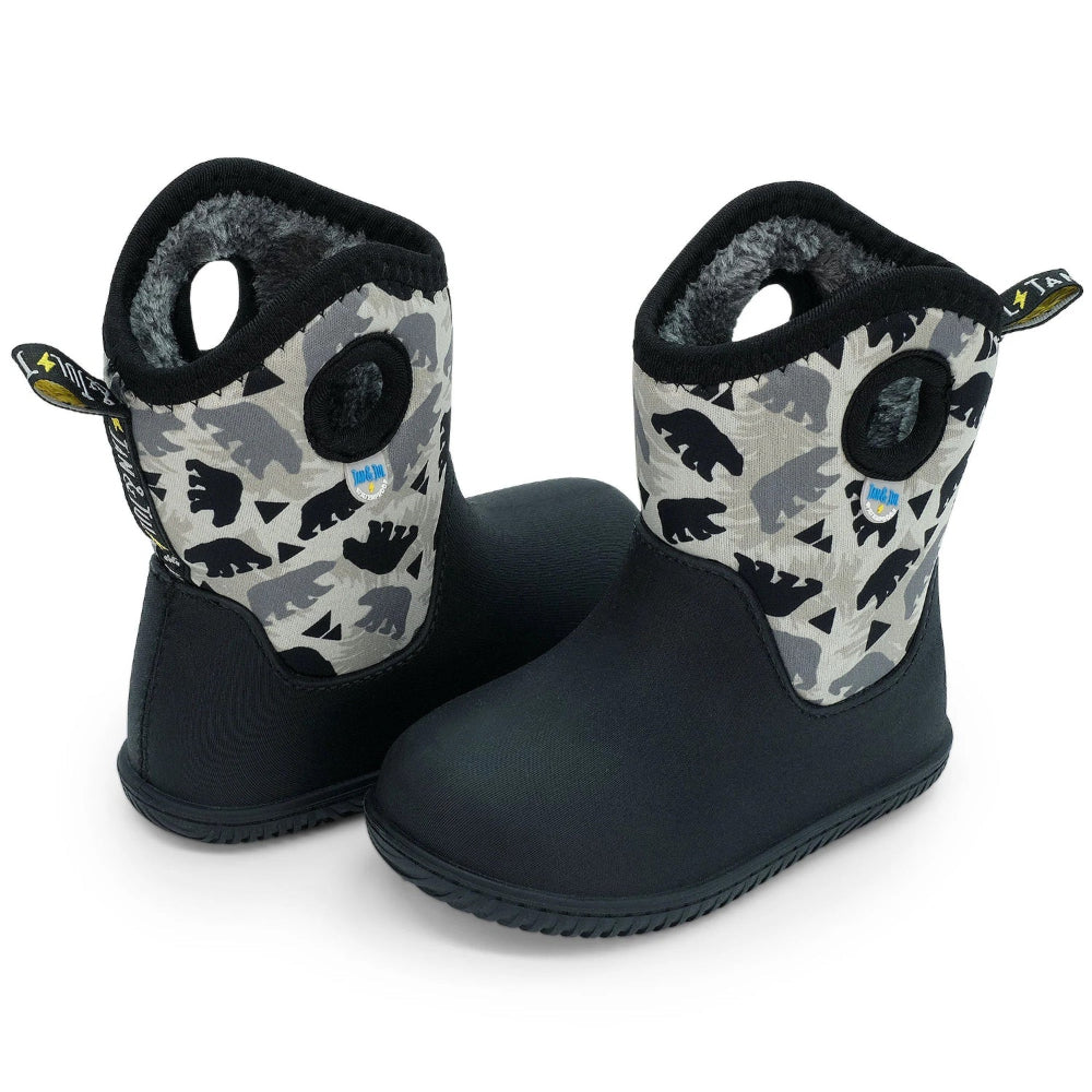 JAN & JUL Toasty Dry Lite Winter Boots Bear Cub for toddlers; black lower, gray bear-print uppers with fluffy lining and easy-pull tabs.