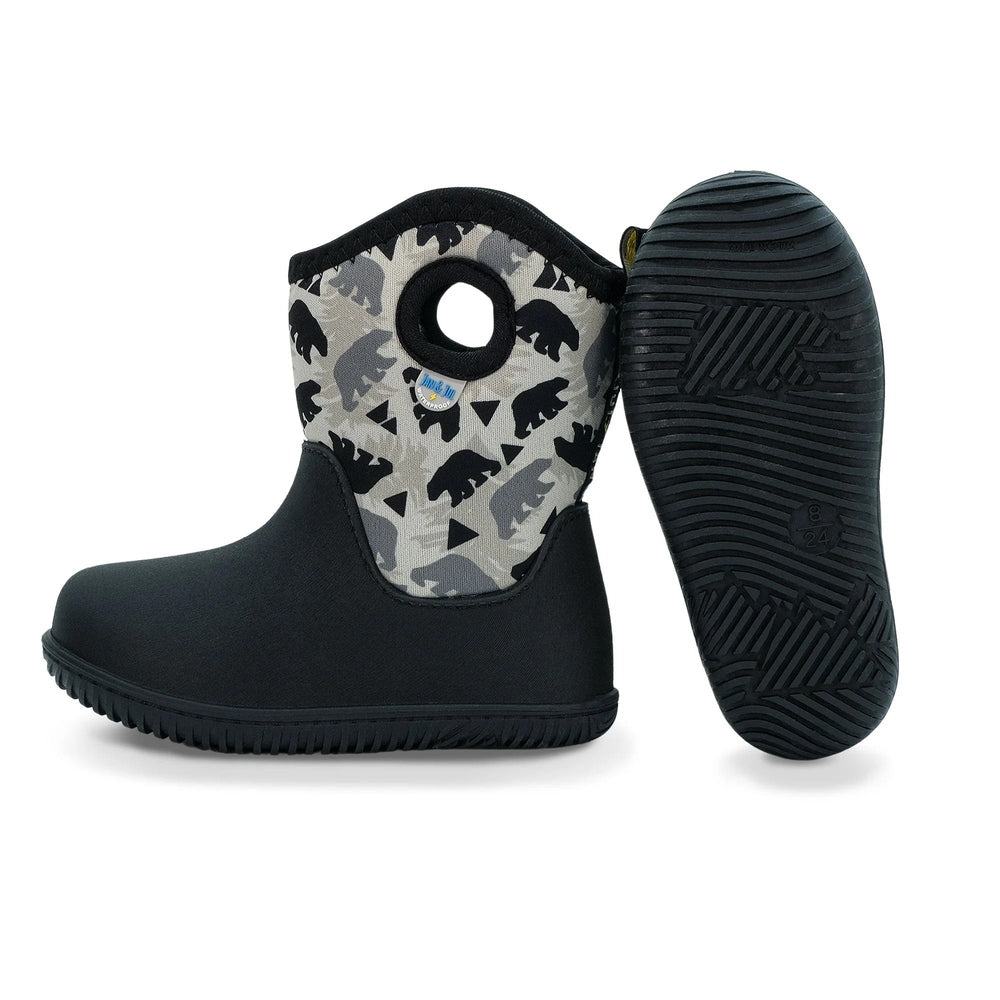JAN & JUL Toasty Dry Lite Winter Boots Bear Cub, black waterproof upper with gray bear-cub panel and pull-on handle.