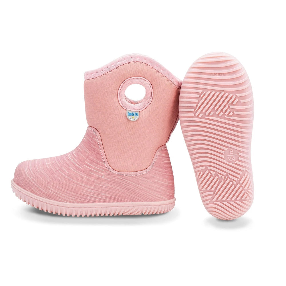 Jan & Jul Toasty Dry Lite toddler boots in dusty pink birch, showing a circular pull handle and ridged, textured sole.
