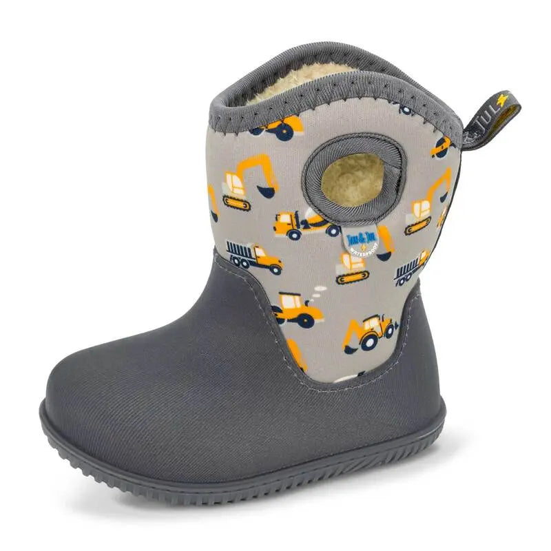 JAN & JUL Toasty Dry Lite toddler winter boots in grey with construction-vehicle print; warm lining and rugged sole visible.