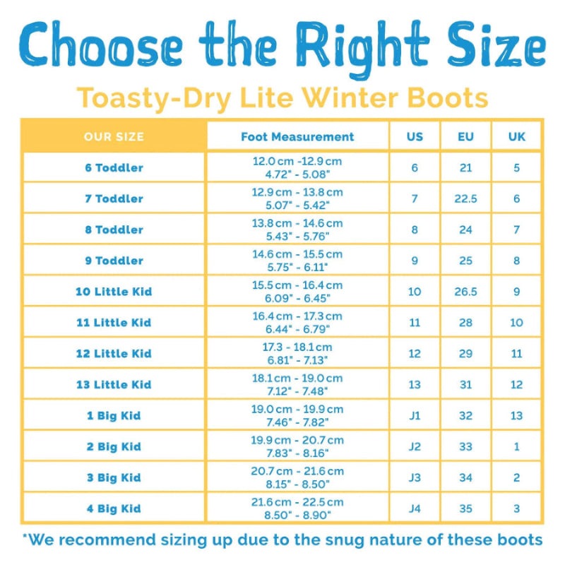 Jan & Jul Toasty-Dry Lite Winter Boots Navy Forest for toddlers, placed beside a size chart with foot measurements.