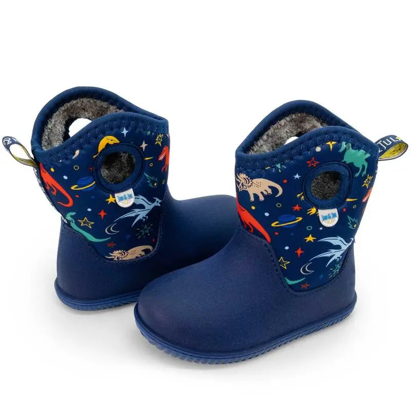 JAN & JUL Toasty Dry Lite Winter Boots Space Dinos, blue with plush fleece lining visible inside and space-dino print.