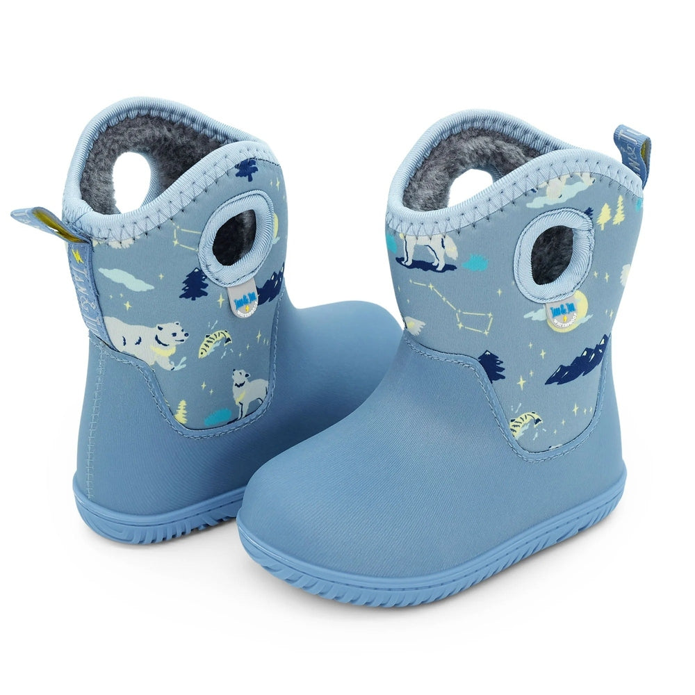 Toddler boots JAN & JUL Toasty Dry Lite in blue with polar bear and wolf print, warm fleece lining