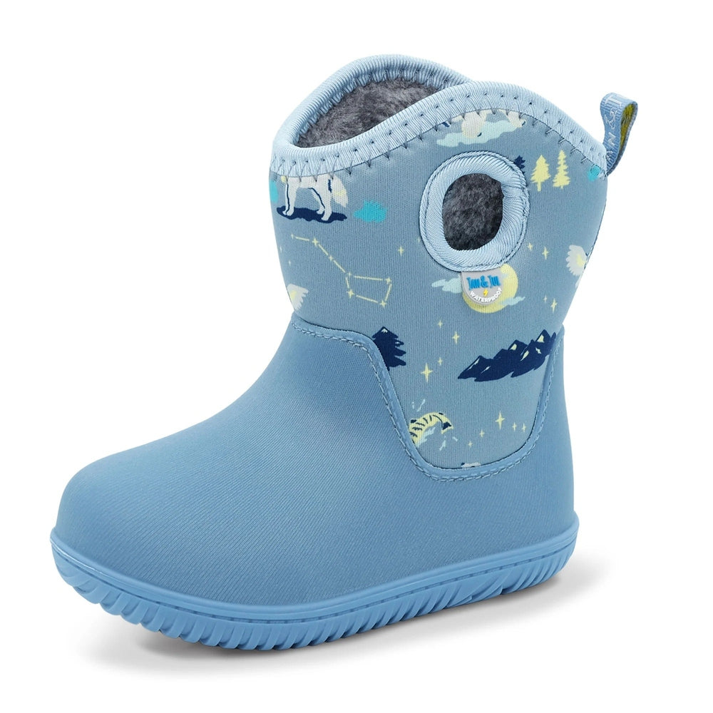 Toddler boot JAN & JUL Toasty Dry Lite; blue waterproof winter boot with woodland print and fleece lining