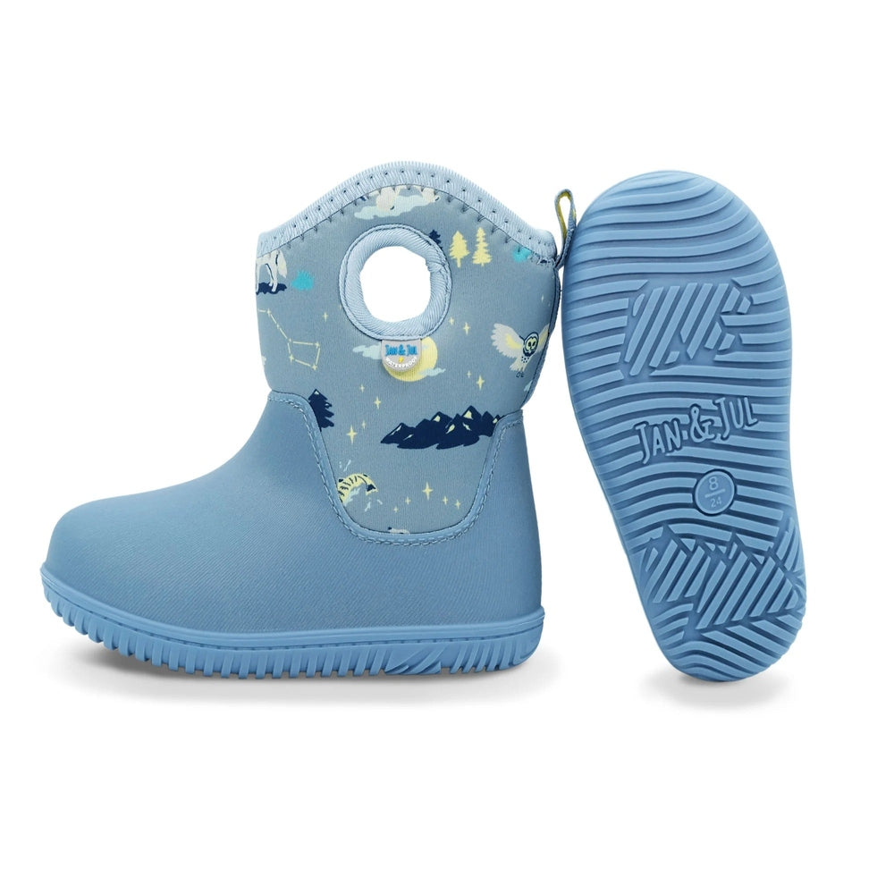 Jan & Jul Toasty Dry Lite toddler boots in blue with mountain print and animals, textured sole