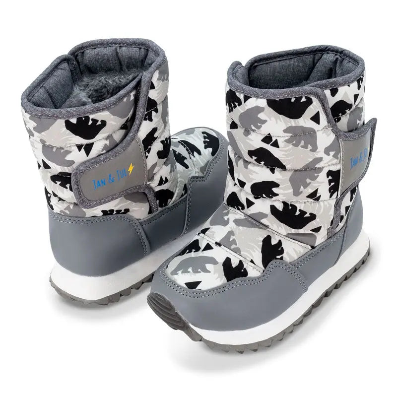 Jan & Jul Toasty Dry Tall Puffy Winter Boots Bear for babies, gray camo with Velcro strap fastened and rugged sole