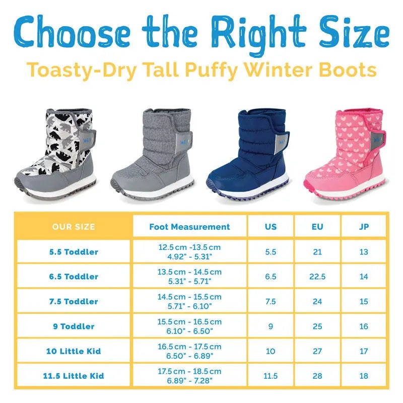 JAN & JUL Toasty-Dry Tall Puffy Winter Boots Bear; four color options shown with Velcro closures.