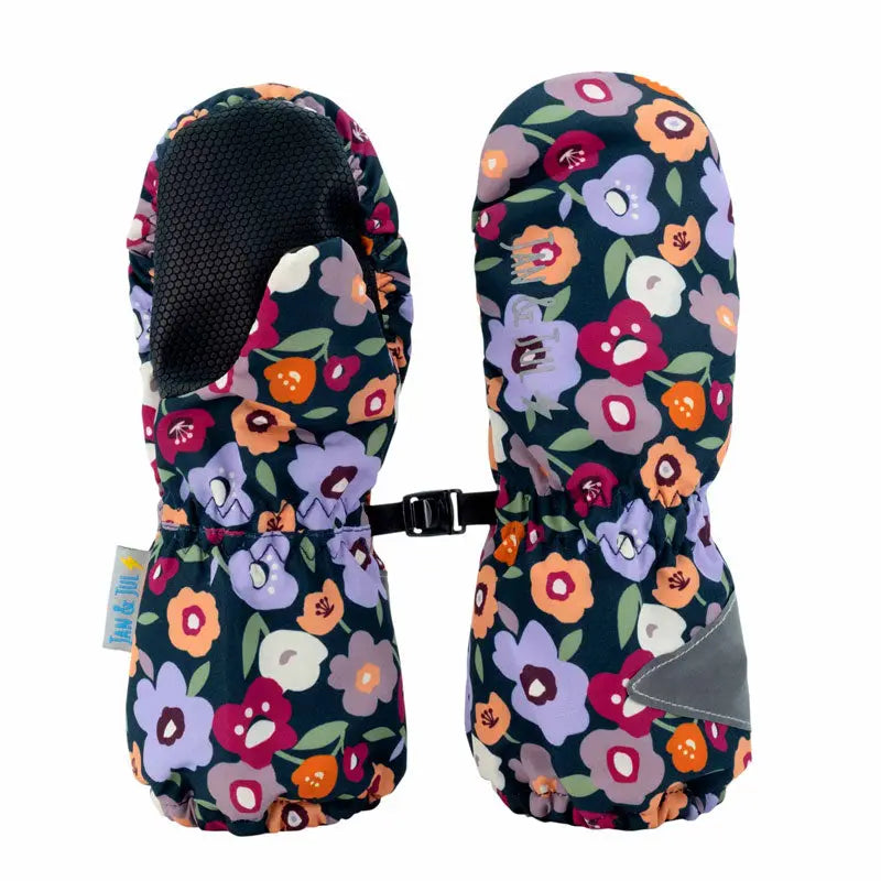 JAN & JUL Water-Resistant Cozy Dry Rain Mitten Winter Flowers; navy floral baby mittens linked by an adjustable strap.