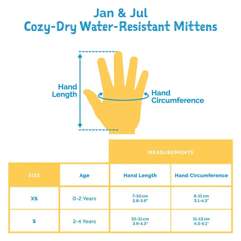JAN & JUL Cozy-Dry Water-Resistant Mittens, yellow baby mitten shown with hand-length and hand-circumference measurements.