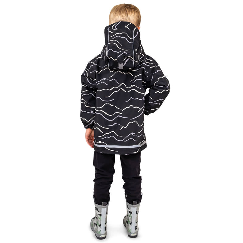 JAN & JUL Cozy Dry Bear Mountain kids' waterproof rain jacket, black with white wave pattern, hooded