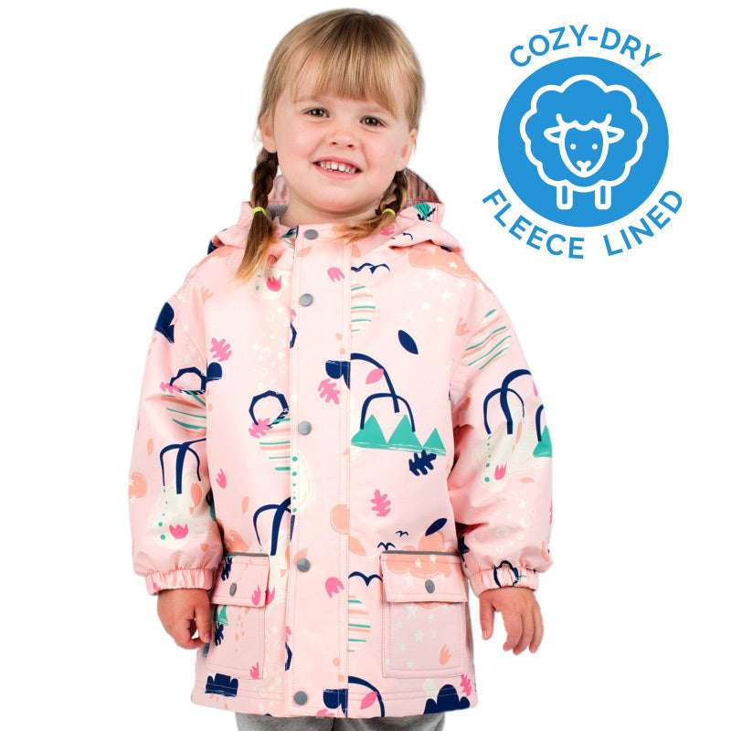 Jan & Jul pink waterproof rain jacket for toddlers, fleece-lined with front snaps and pockets