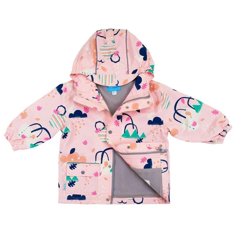 JAN & JUL Dreamscape pink waterproof rain jacket with hood and colorful abstract shapes for toddlers