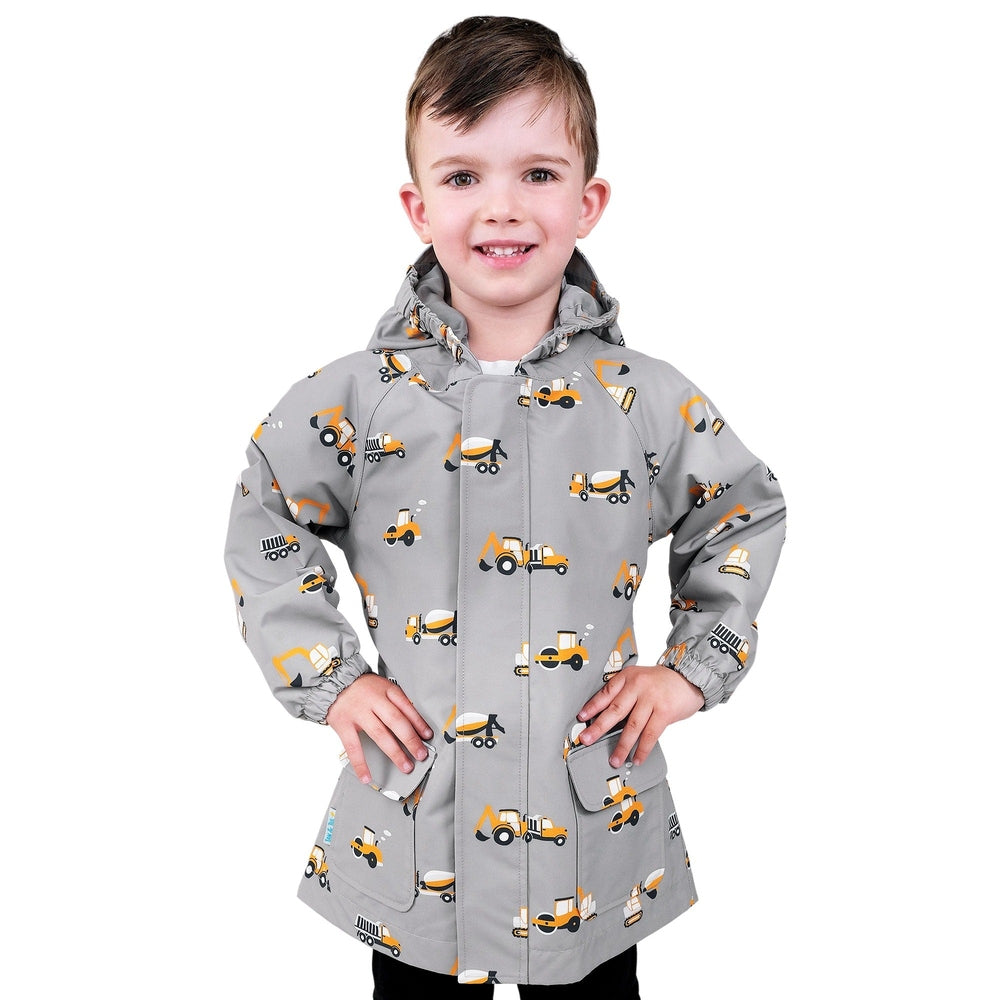 JAN & JUL boys waterproof rain jacket in grey with yellow construction vehicle print, hooded
