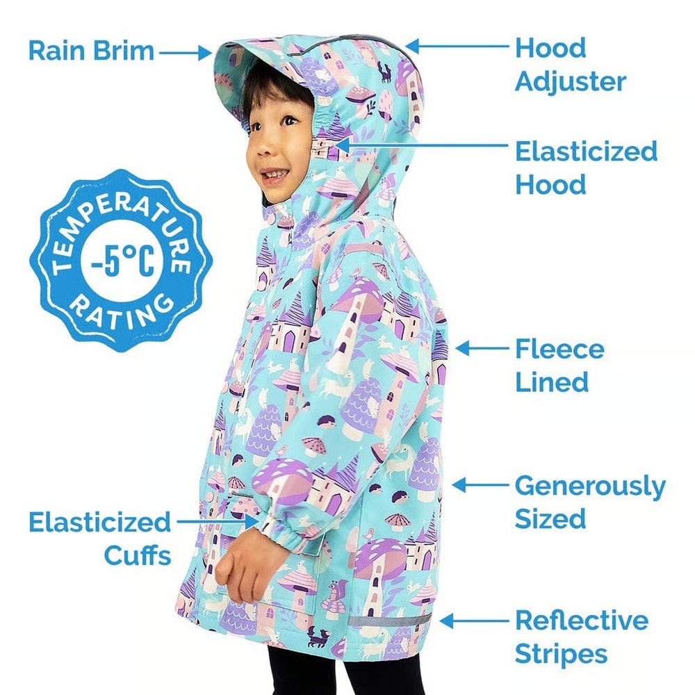 JAN & JUL kids rain jacket, teal print waterproof coat with hood, fleece lining and reflective stripes