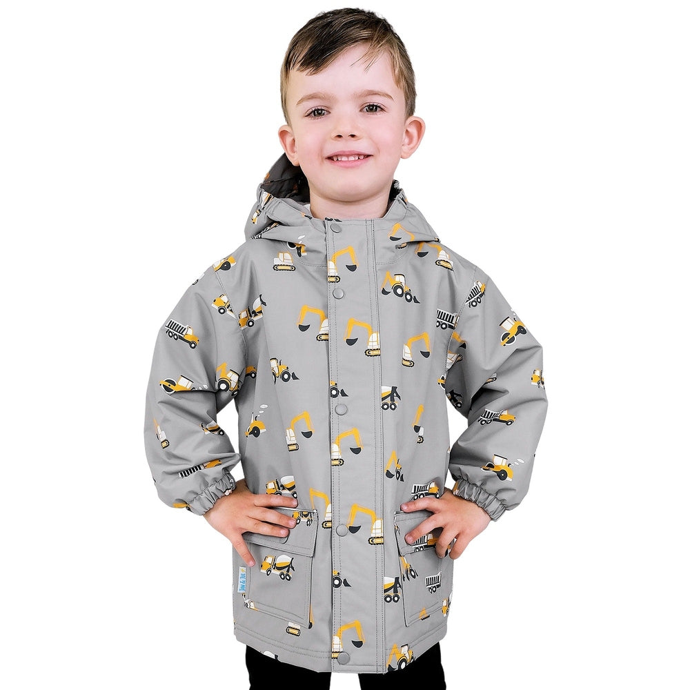 JAN & JUL hooded waterproof rain jacket for kids in grey with yellow construction vehicle prints