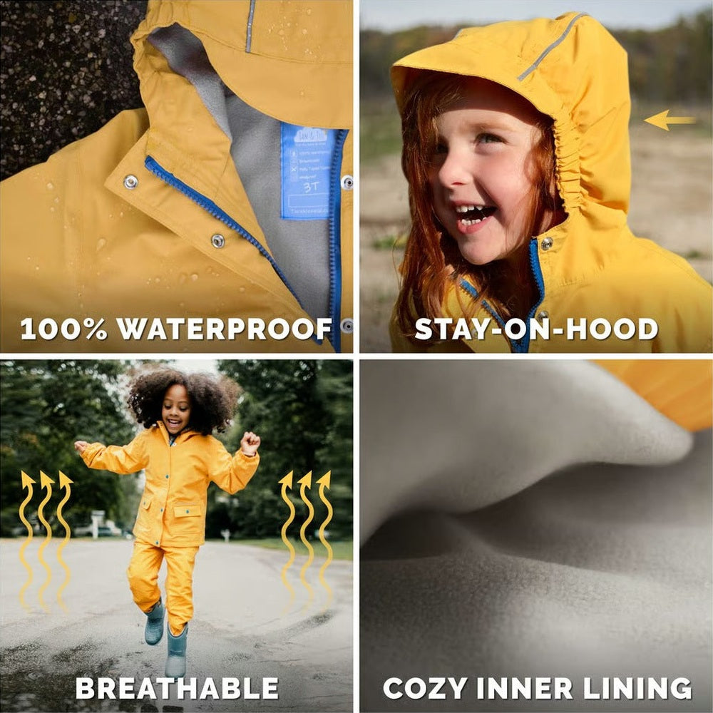 JAN & JUL kids rain jacket, yellow, 100% waterproof with stay-on hood and cozy inner lining