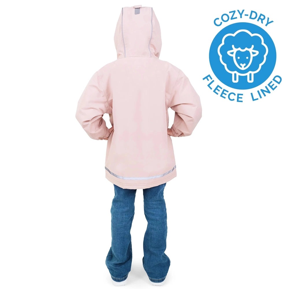 JAN & JUL kids' light pink waterproof rain jacket with Cozy-Dry fleece lining, back view.